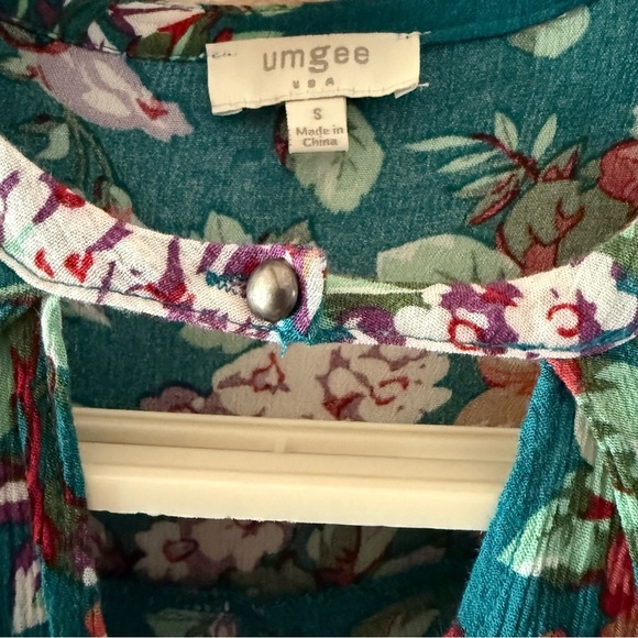 Umgee Floral Boho Dress Keyhole Dark Jade Peasant Tunic Hippie Women’s Size S - Picture 3 of 15